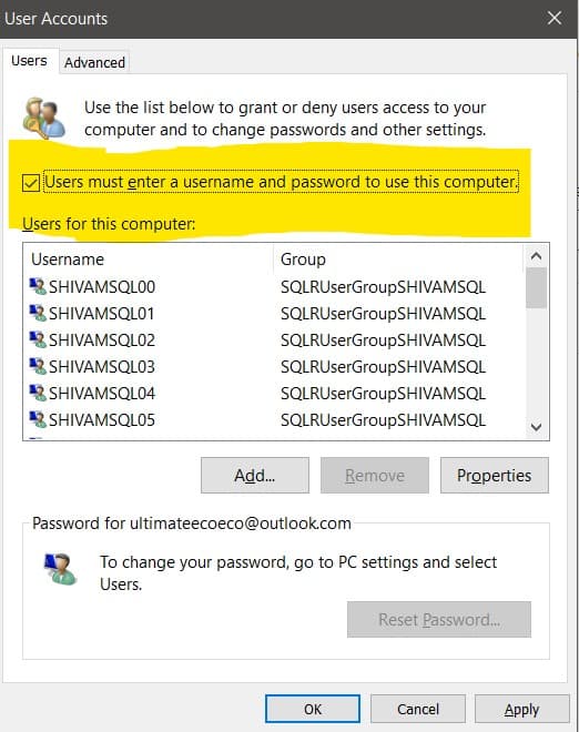 Disabling password requirement for windows 10 using Run Executor