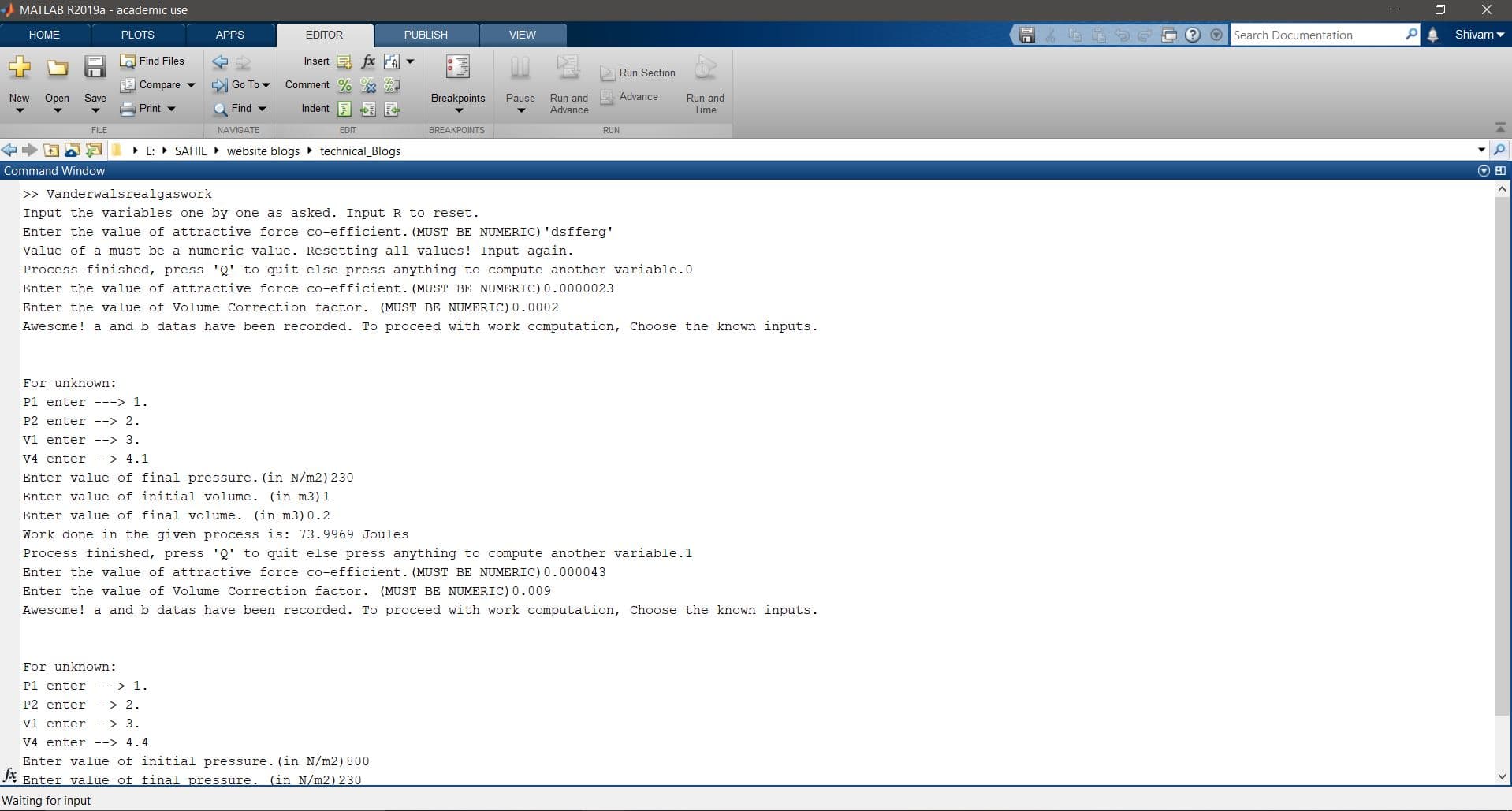 Matlab | Equation any real gas, at two different points - 06