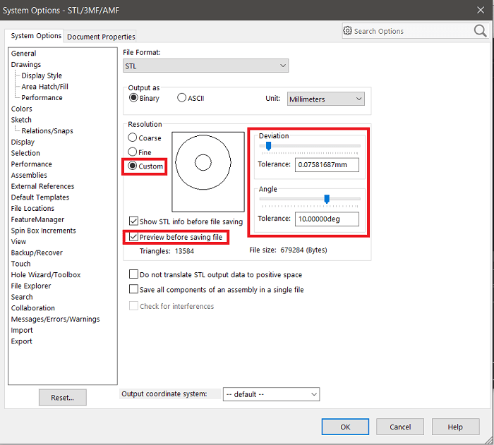 Solidworks STL system options